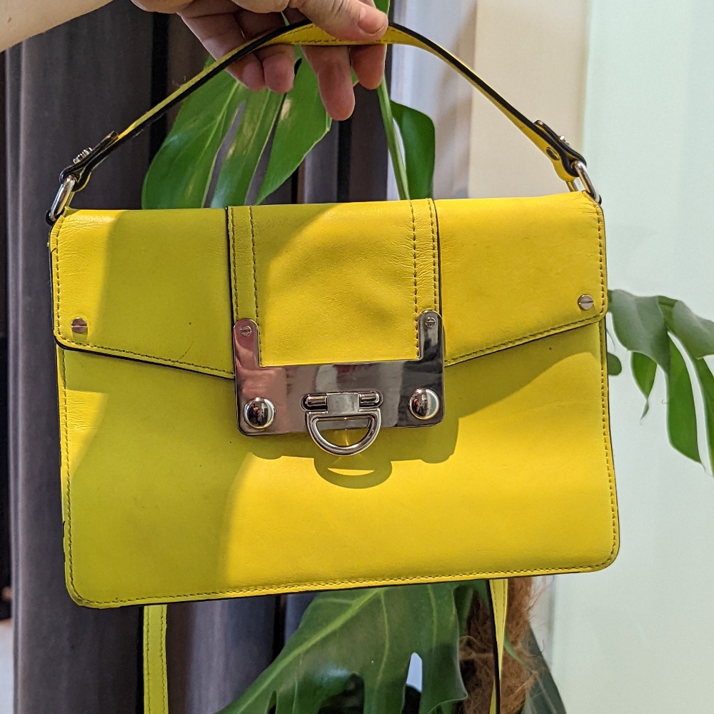 MILLY Neon Yellow Lime Leather Cross Body Luxe Buckle Bag - Picture 6 of 12